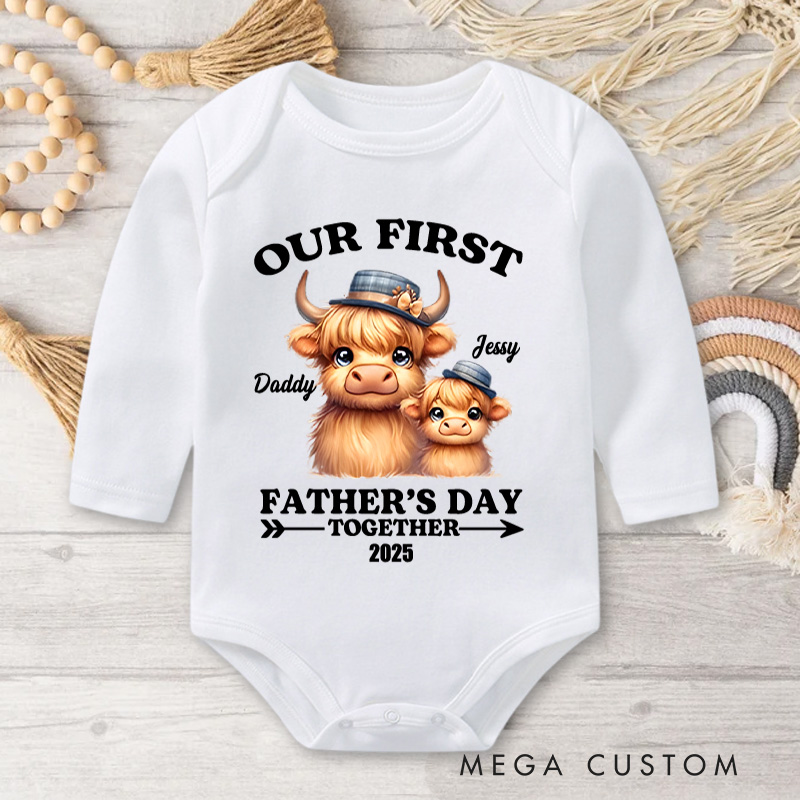 Personalized Highland Cow Dad and Baby Illustration for Our First Father's Day Together Baby Bodysuit