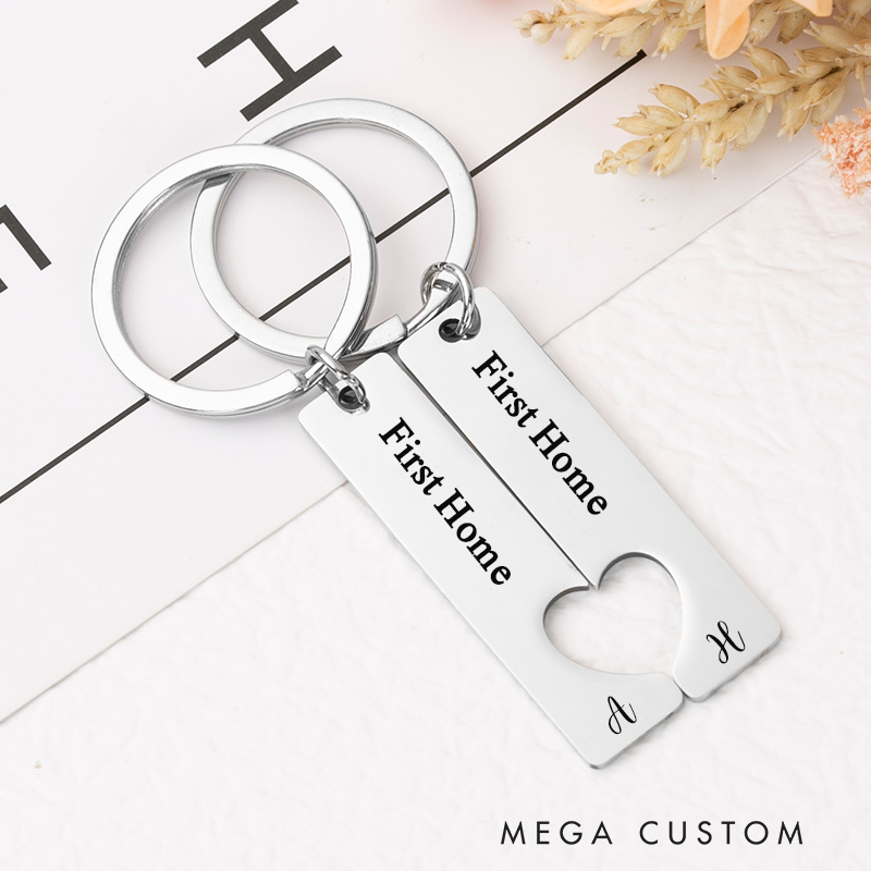 Personalized First Home Keychain Set Custom Housewarming Gift Engraved Initials Heart Design Key Ring Unique New Home Keepsake for Couples Moving Gift