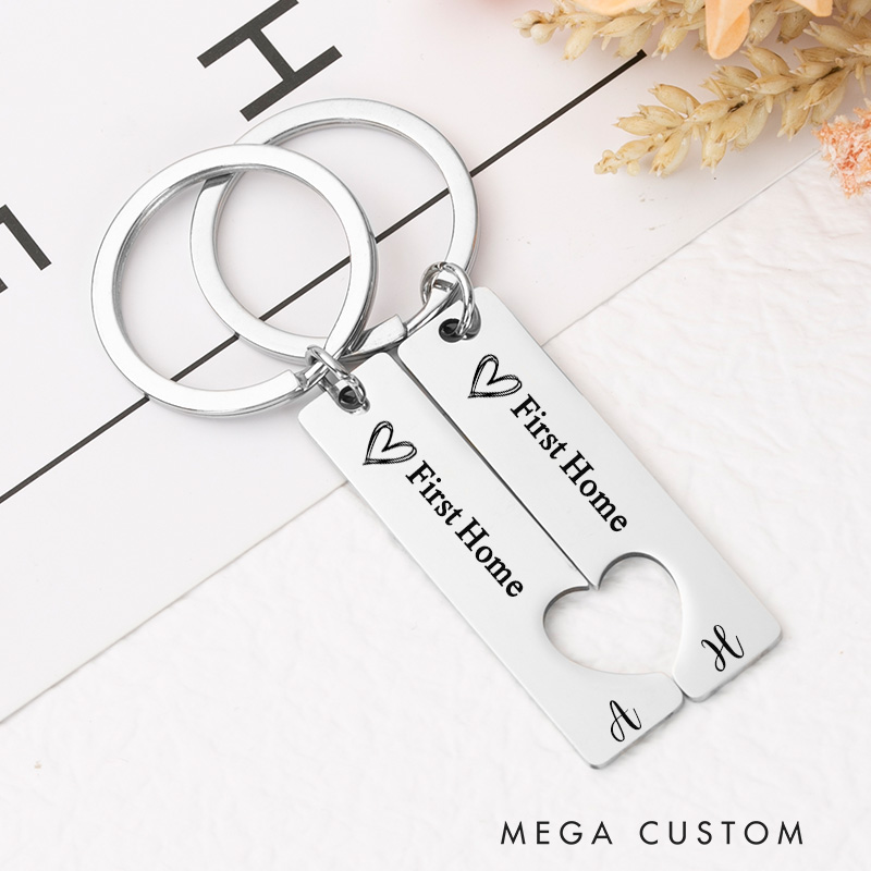Personalized First Home Keychain Set Custom Housewarming Gift Engraved Heart Design Initials Key Ring Unique New Home Keepsake for Couples Moving Gift