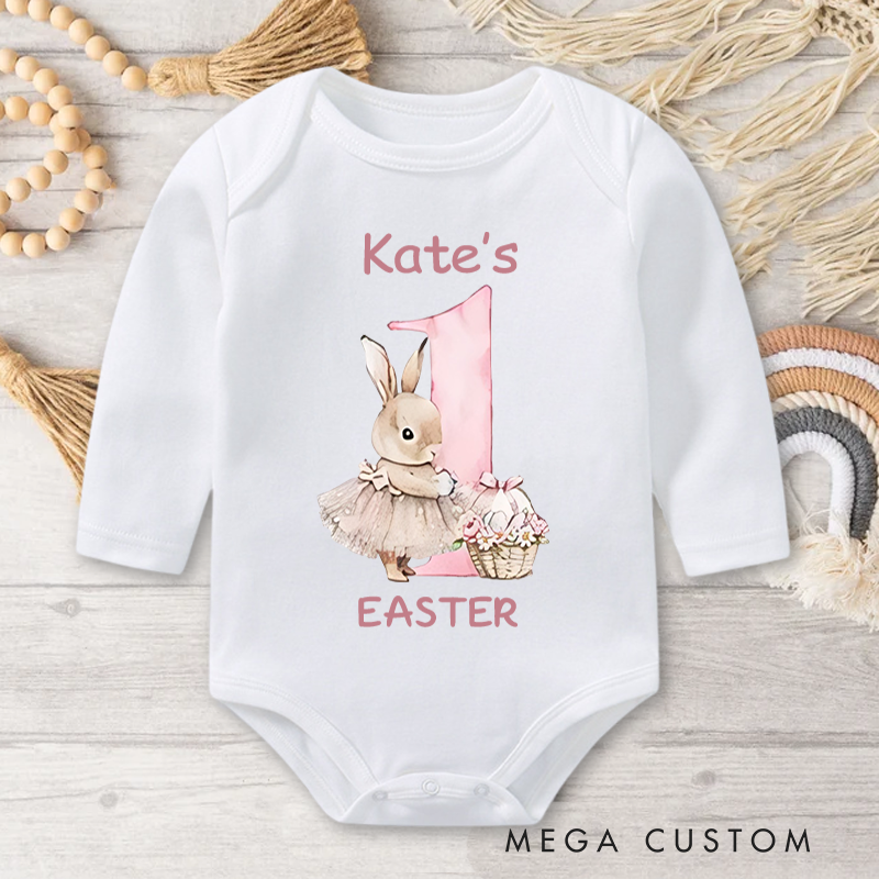 Personalized Cute Bunny 1st Easter Long Sleeve Baby Bodysuit with Name Easter Party Birthday Gift for Newborns