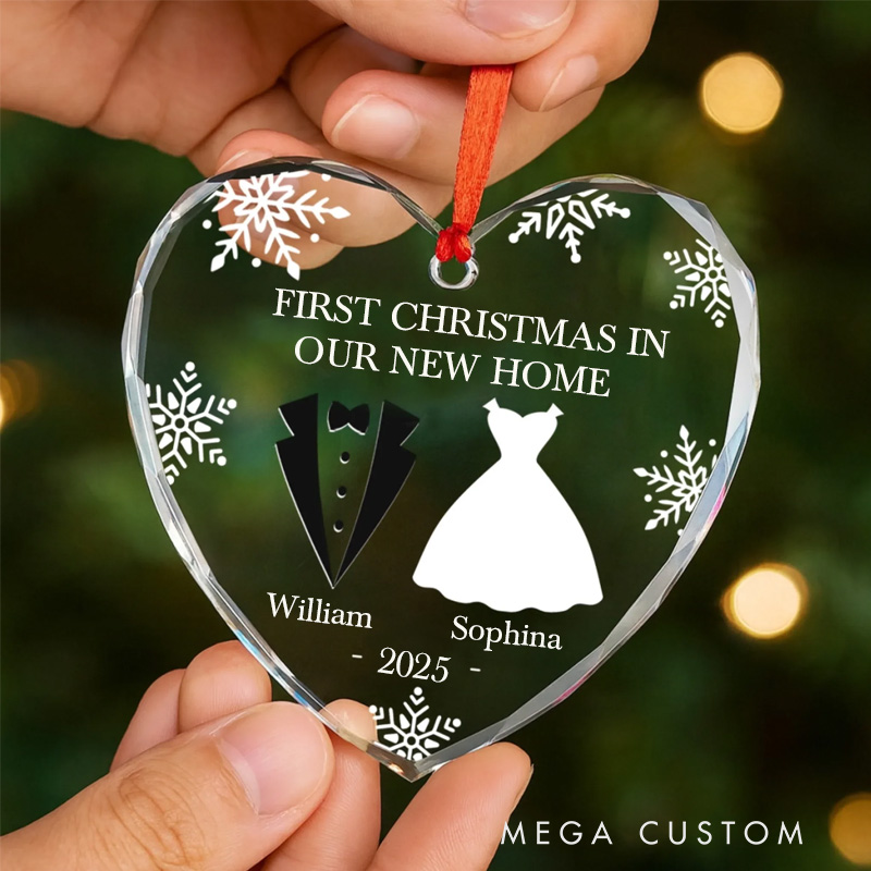 Personalized Heart Round Glass Ornament Custom Anniversary Christmas Wedding Gift for Husband and Wife Him and Her Our First Christmas in Our New Home