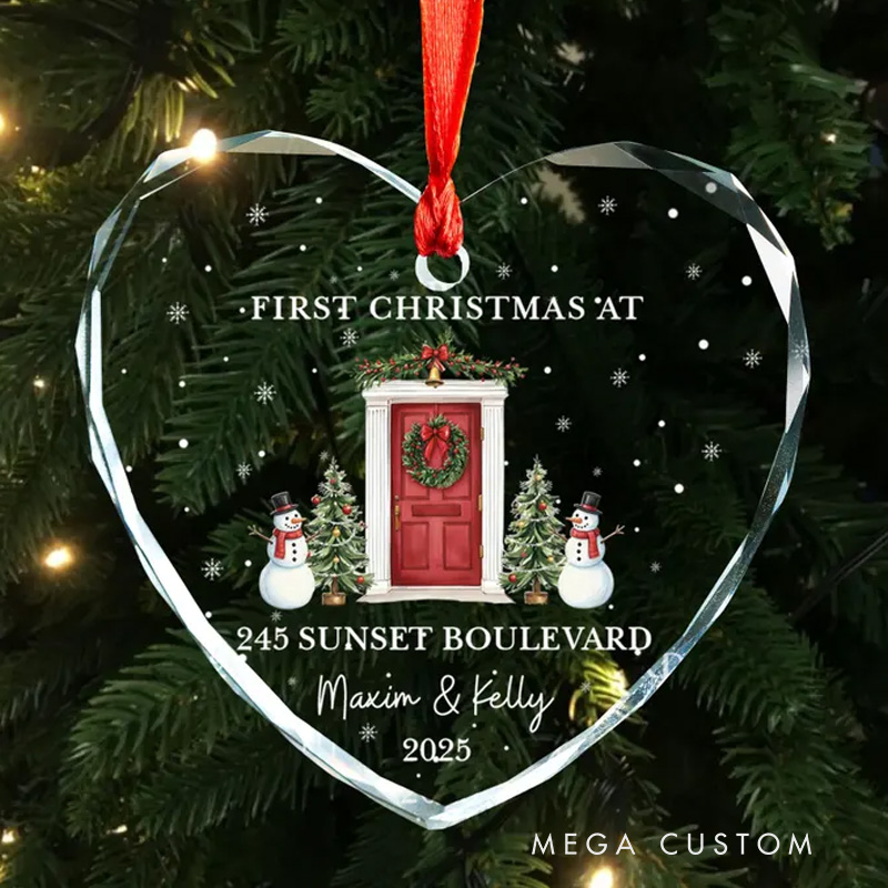 Personalized First Christmas at New Home Ornament Custom Address and Names 2025 Christmas Decoration with Festive Door Snowmen and Tree Design