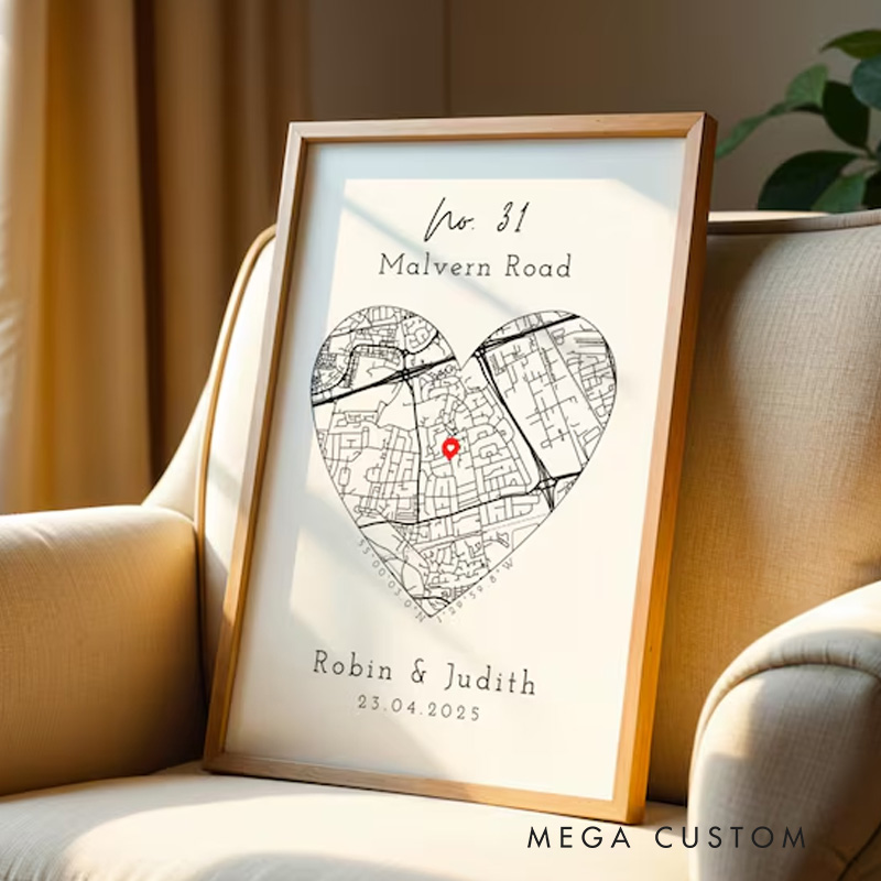 Personalised New Home Map Print and Frames House Shape Decor OS Location Housewarming Gift Custom Moving Present Art Poster Street Address