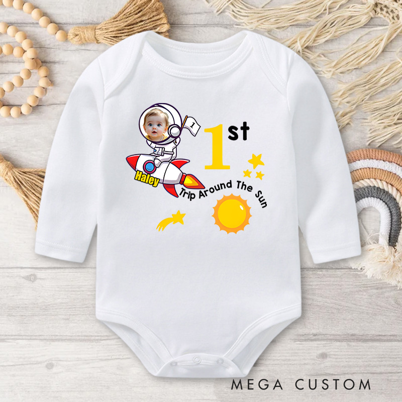 Personalized Baby Photo Rocket and Star Design for Birthday Celebration Baby Bodysuit