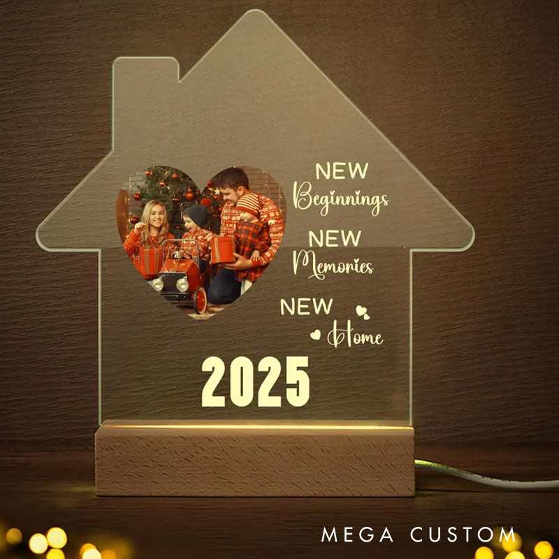 Personalized New Beginnings House-Shaped LED Night Light with Photo Year and Wooden Base Housewarming Gift for Family