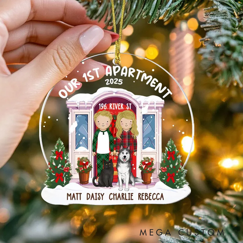 Personalized Our First Apartment Ornament Custom New Home Ornament Couple With Pet Christmas Ornament Our First Home Gift Newlywed Gift
