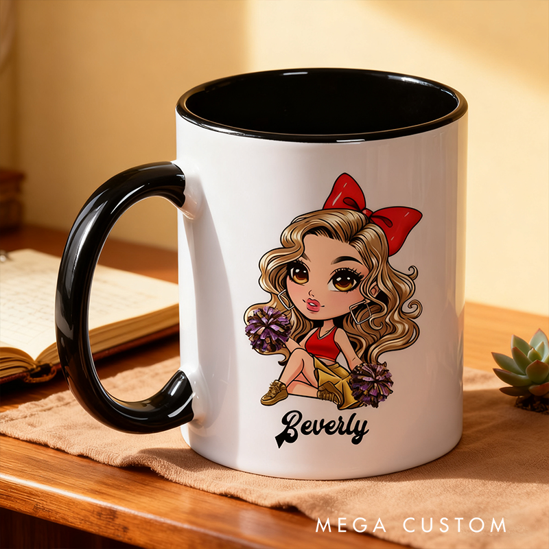 Personalized Cheerleader Mug with Custom Name and Cute Cartoon Design