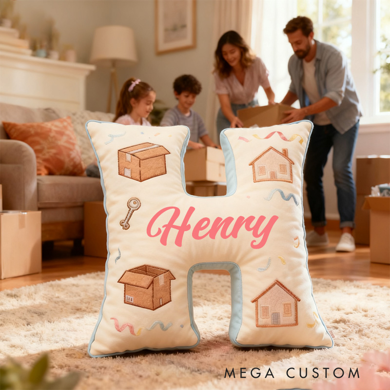 Personalized Housewarming Letter Pillow Graphic 3D Print Custom Name Design Soft Decorative Cushion for New Home Cozy Gift with Moving Day Theme