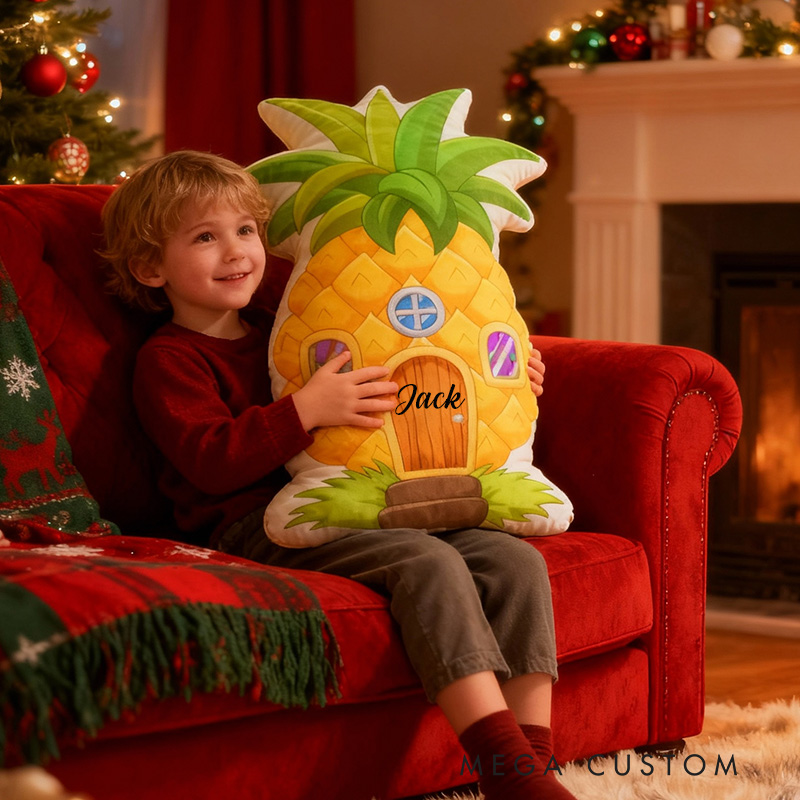 Personalized Pineapple House Pillow Custom Name Tropical Holiday Decoration Fun Christmas Cushion Cozy Keepsake for Kids Room and Seasonal Home Decor