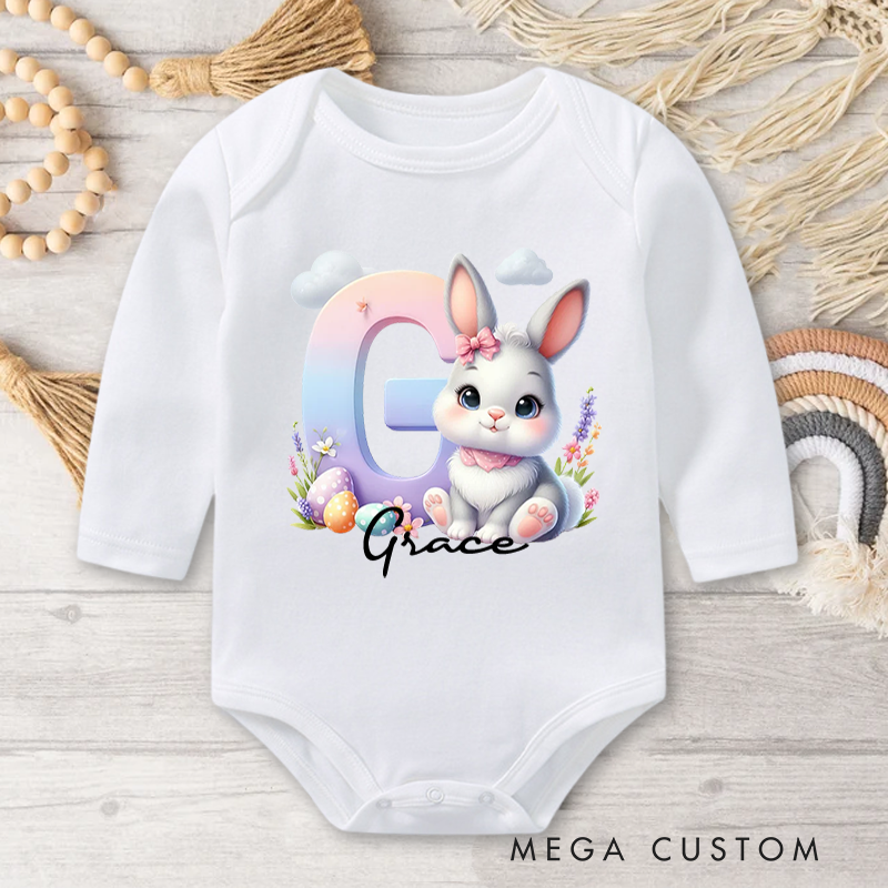 Personalized Cute Easter Bunny Initial Baby Bodysuit with Name Birthday Easter Gift for Kids Baby