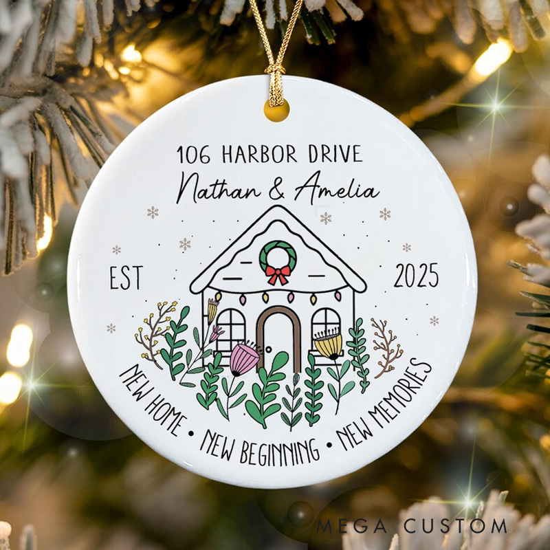 Personalized New Home Ornament Custom Names and Address Ceramic Keepsake Holiday Decoration 2025 New Beginnings and Memories Gift for Homeowners