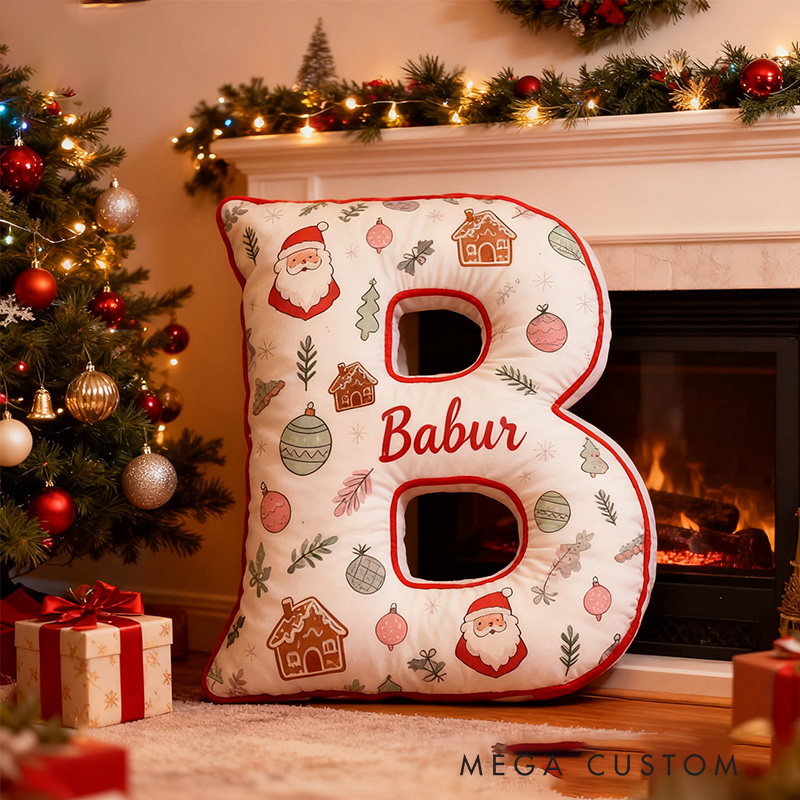 Personalized Christmas Letter Pillow Graphic 3D Print Custom Name Festive Decor with Santa Gingerbread Ornaments Design Soft Home Accent