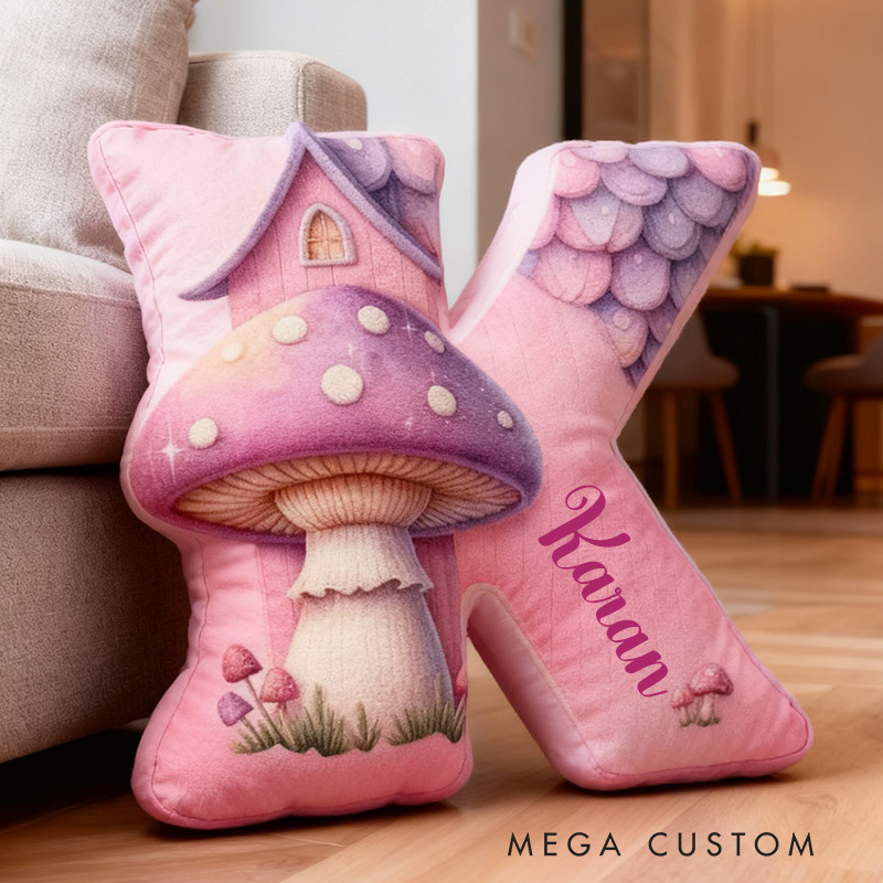Personalized 26 Letter Housewarming Pillow Graphic 3D Print Custom Name Cozy Home Decor with Enchanting Mushroom House Design Soft Accent Cushion