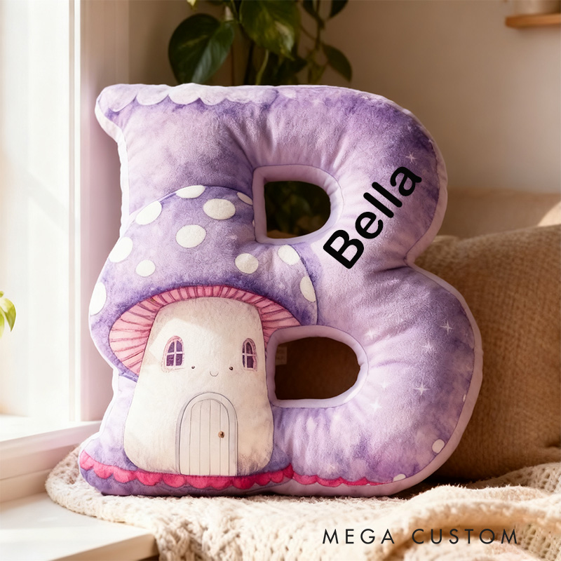 Personalized 26 Letter Pillow Graphic 3D Print Custom Name Cozy Home Decor with Charming Purple Mushroom House Design Housewarming Pillow Gift