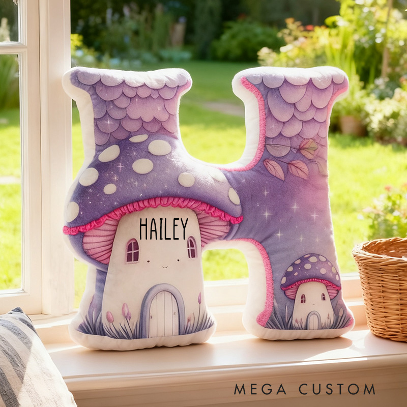 Personalized 26 Letter Pillow Purple Mushroom House Housewarming Pillow Graphic 3D Print Custom Name Cozy Home Decor Soft Accent Cushion