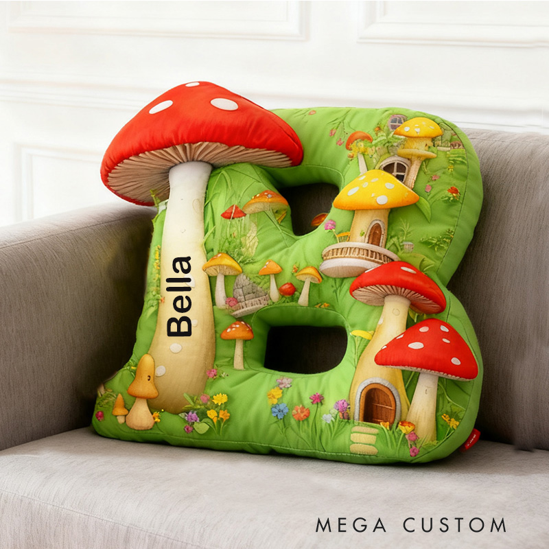 Personalized Housewarming Pillow 26 Letter Pillow Graphic 3D Print Custom Name Cozy Home Decor with Whimsical Mushroom Village Design