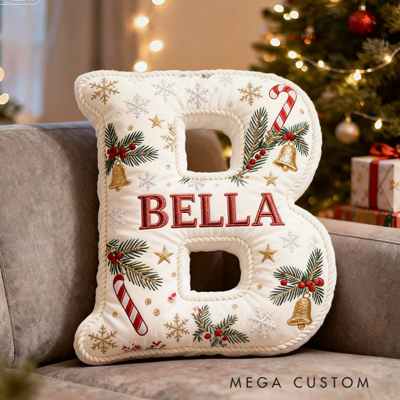 Personalized Christmas Letter Pillow Festive Holiday Decor Candy Cane and Bell Graphic 3D Print Cozy Custom Cushion for Living Room Soft Decorative White