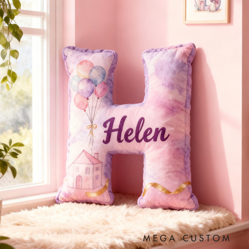 Personalized Purple Letter PillowHousewarming Pillow Graphic 3D Print Custom Name Cozy Home Decor with Dreamy Balloon House Design Soft Accent Cushion
