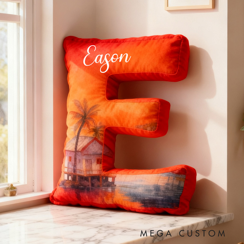 Personalized Letter Pillow Graphic 3D Print Custom Name Cozy Home Decor with Tropical Sunset Beach Design Soft Accent Cushion Housewarming Gift