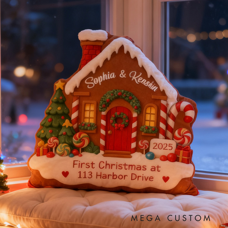 Personalized Christmas Pillow Graphic 3D Print Custom Names and Address Cozy Holiday Decor with Festive Gingerbread House Design Soft Accent Cushion