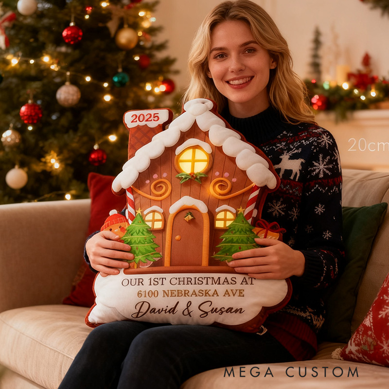 Personalized Holiday Pillow Graphic 3D Print Custom Names and Address Cozy Christmas Decor with Gingerbread House Soft Accent Cushion New Home Gift