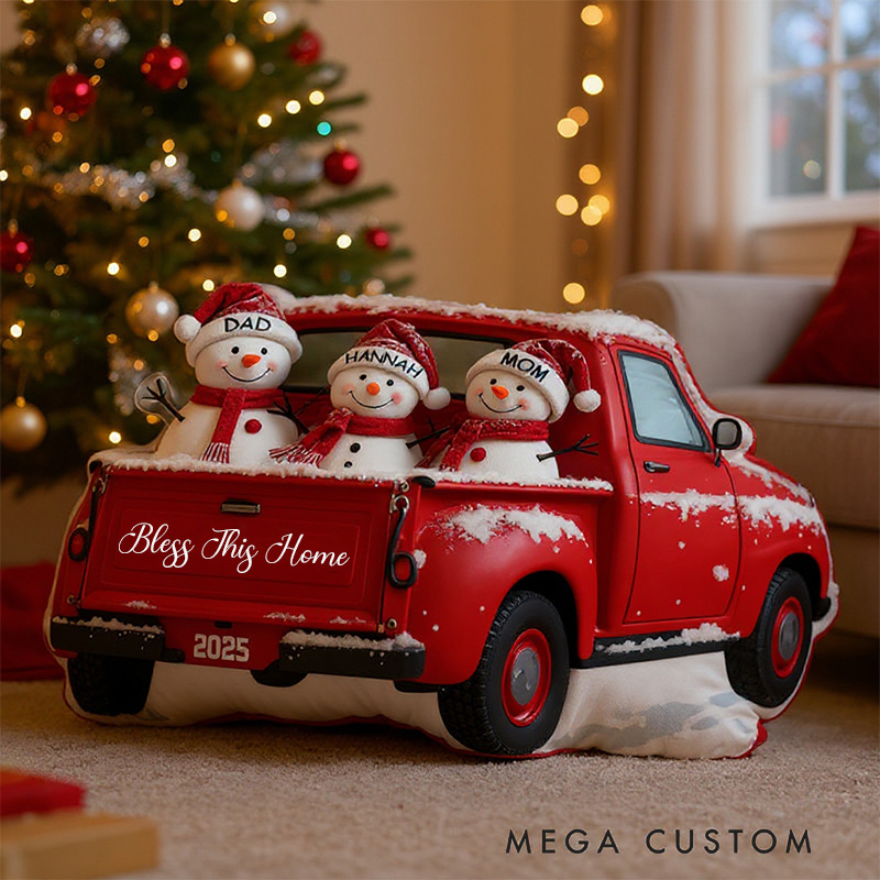 Personalized Holiday Pillow Graphic 3D Print Custom Family Names Cozy Christmas Decor with Festive Truck and Snowman Design Soft Accent Cushion