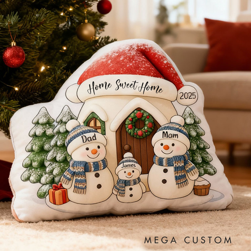 Personalized Christmas Pillow Graphic 3D Print Custom Family Names Cozy Holiday Decor with Snowman Family and Festive House Soft Accent Cushion Gift