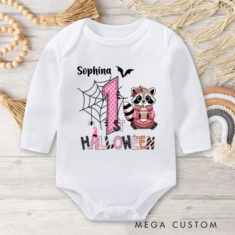 Personalized Cute Peter Rabbit Ghost Raccoon Halloween Elements Baby Bodysuit with Name First Halloween Gift for Newborns