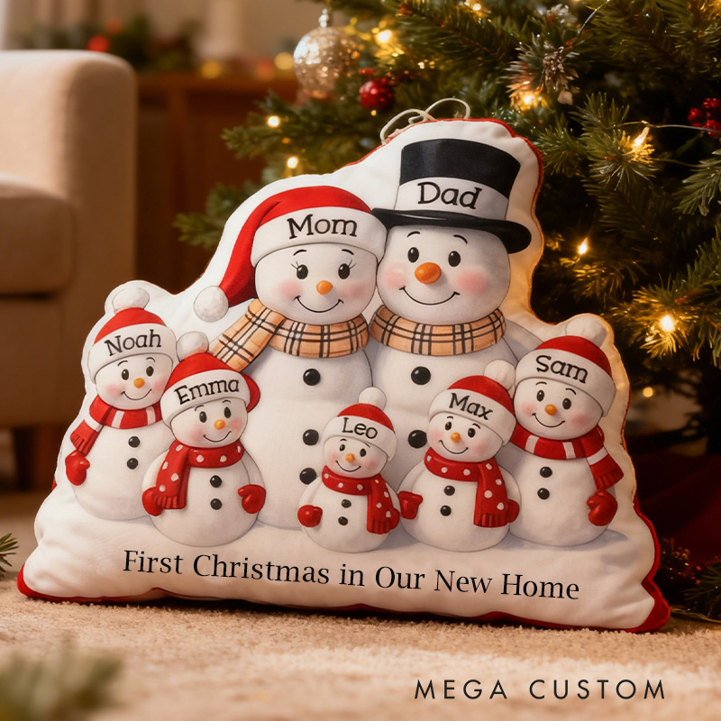 Personalized Family Pillow Graphic 3D Print Custom Names Cozy Holiday Decor with Snowman Family Design Soft Accent Cushion Perfect Gift