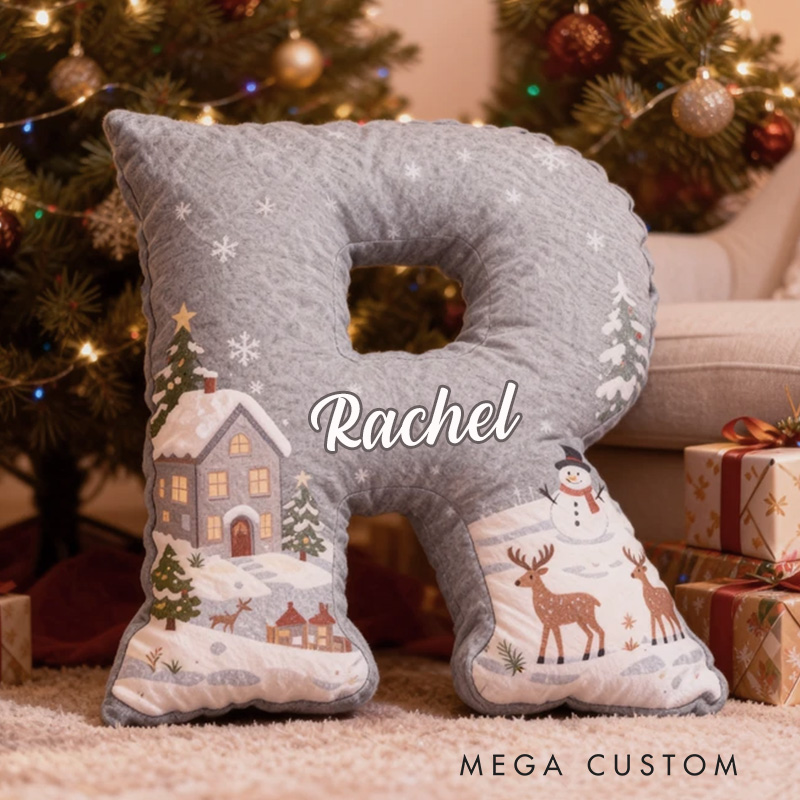 Personalized Christmas Gray Letter Pillow Graphic 3D Print Custom Name Cozy Holiday Decor with Winter Scene Snowman and Deer Design Soft Christmas Gift