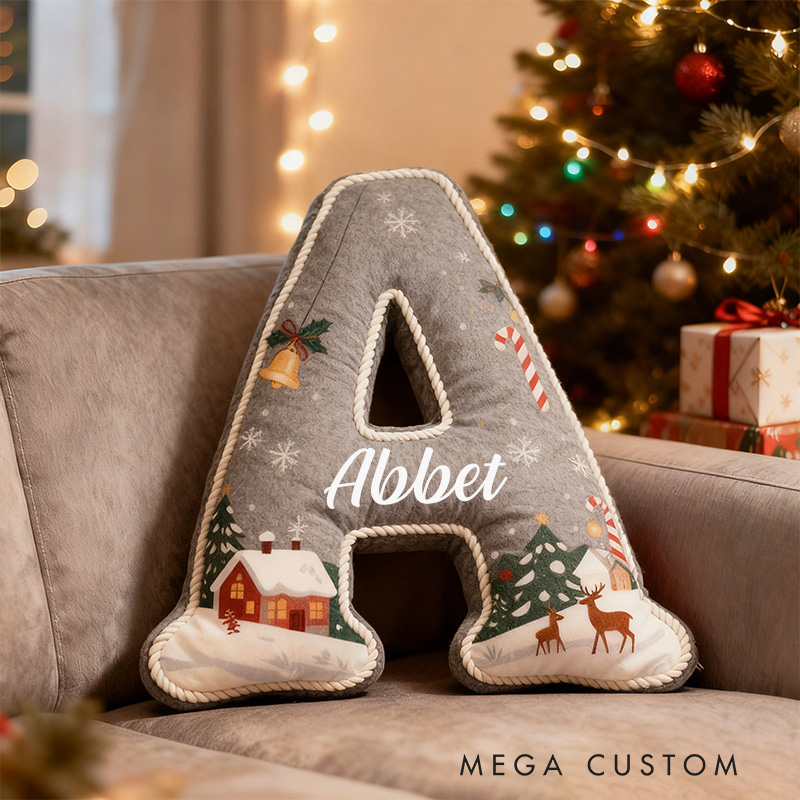 Personalized Christmas Letter Pillow Graphic 3D Print Custom Name Cozy Holiday Decor with Festive Winter Scene Candy Cane and Deer Design