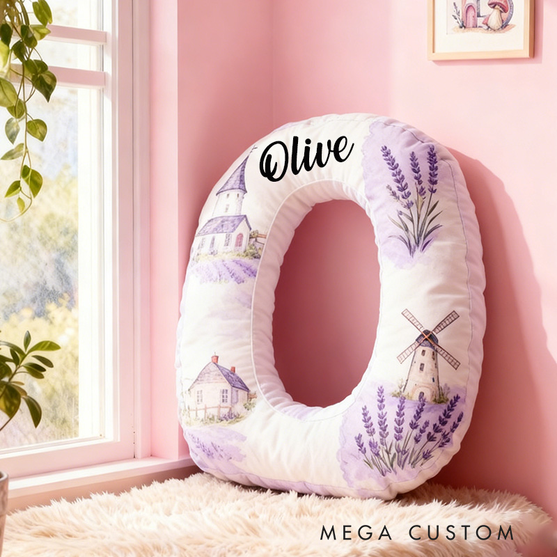 Personalized 26 Letter Pillow Graphic 3D Print Custom Name Cozy Home Decor with Lavender and Windmill Design Perfect Gift Idea for Any Room