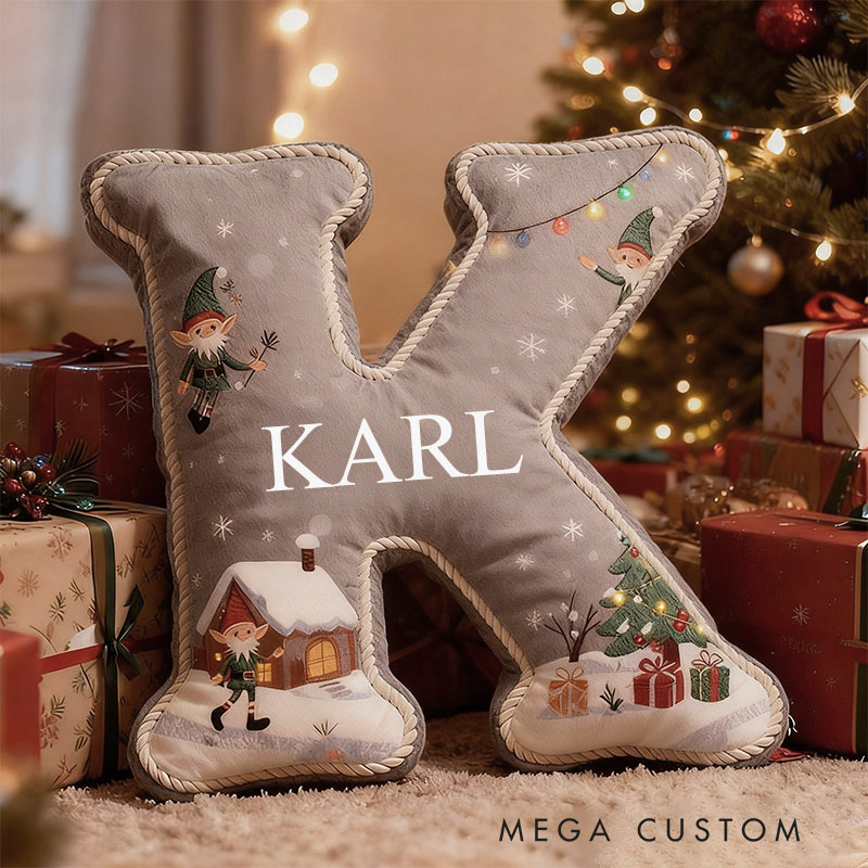 Personalized Gray Christmas Pillow Graphic 3D Print Custom Name Cozy Holiday Decor with Festive Elf and Christmas Tree Design Cushion Perfect Gift