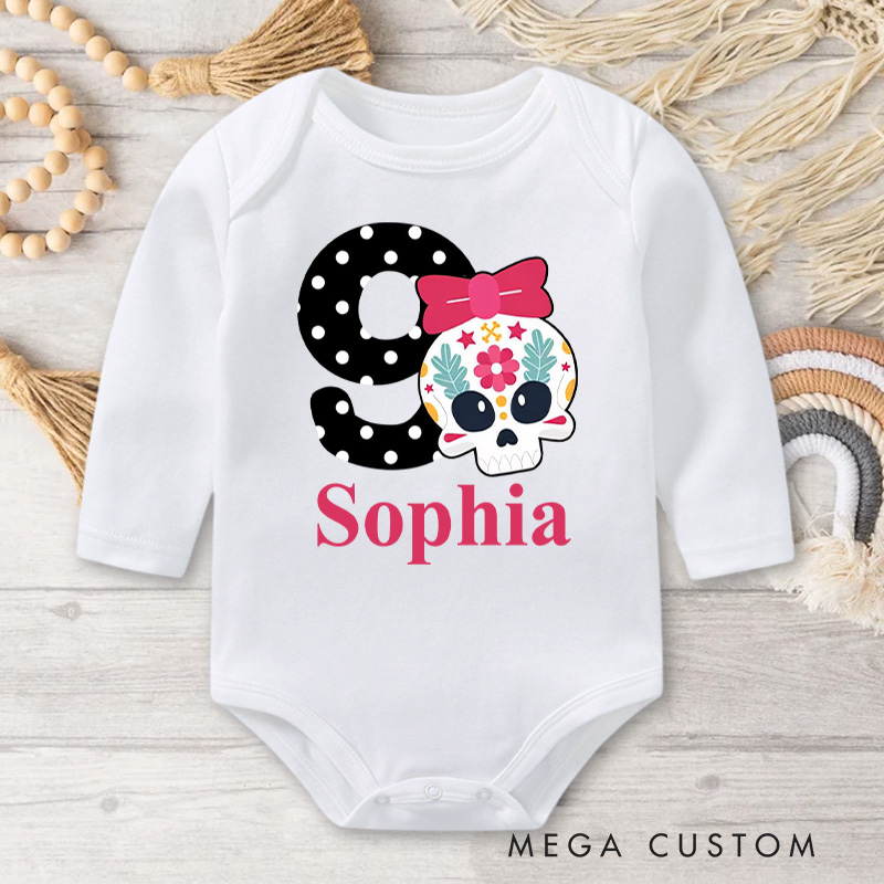 Personalized Minnie Mouse Inspired Skull Design for Baby's First Halloween Celebration Baby Bodysuit