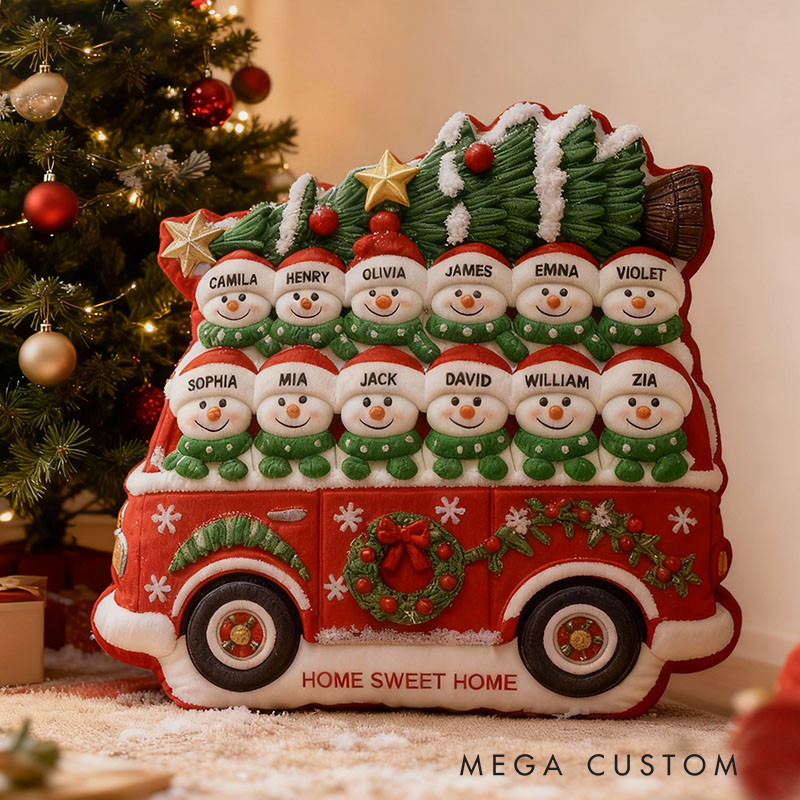 Personalized Christmas Pillow Graphic 3D Print Custom Family Names Cozy Holiday Decor with Snowman and Festive Bus Design Perfect Seasonal Gift Idea