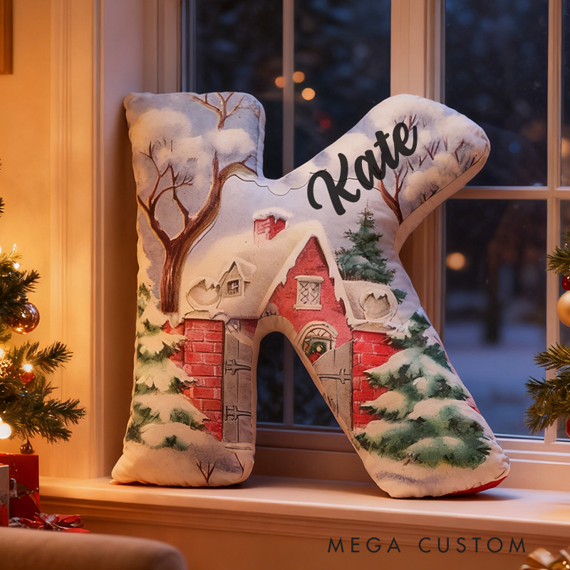 Personalized 26 Letter Pillow Graphic 3D Print Custom Name Cozy Holiday Decor with Winter Wonderland and Cabin Design Christmas Gifts