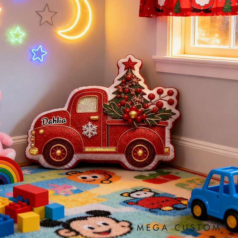 Personalized Christmas Truck Pillow Graphic 3D Print Featuring Festive Tree and Berries Customizable Name Soft Cushion for Holiday Decor Perfect Gift