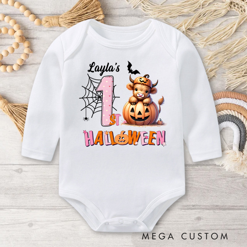 Personalized Spider Web and Pumpkin Design for Baby's First Halloween Celebration Baby Bodysuit