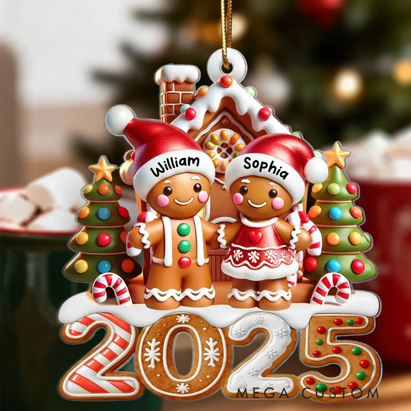Personalized 2025 Gingerbread Family with Gingerbread House Custom Acrylic Ornament