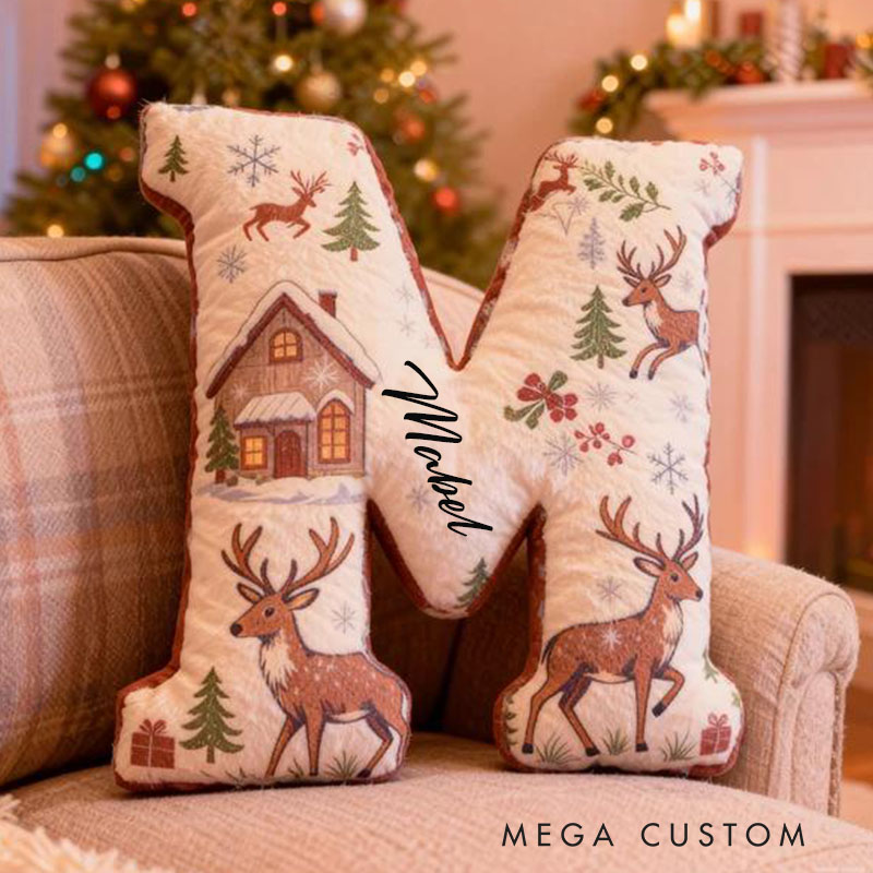 Personalized Christmas Letter Pillow with Winter Scene Design Custom Name Cushion Featuring Reindeer and Cabin for Holiday Home Decor Graphic 3D Print