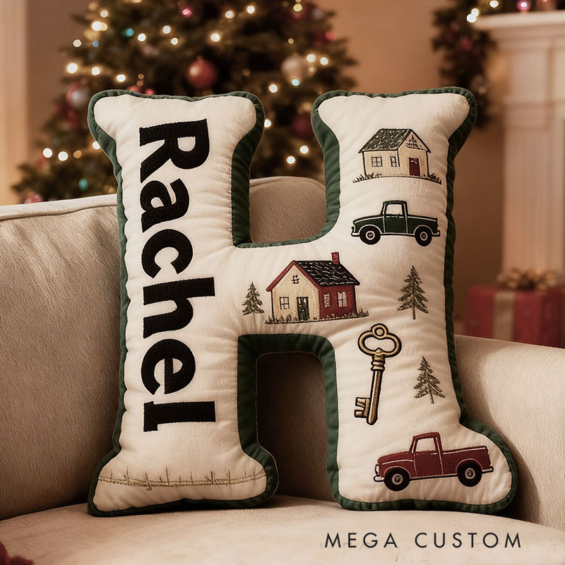 Personalized Christmas Letter Pillow with House and Truck Custom Name Festive Holiday Decor Cozy Gift for Seasonal Celebration Graphic 3D Print 