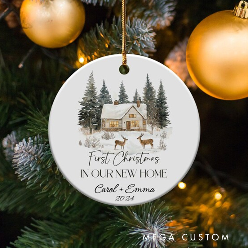 Personalized First Christmas Ornament in Our New Home 2025 Winter House Decoration with Deer Holiday Keepsake
