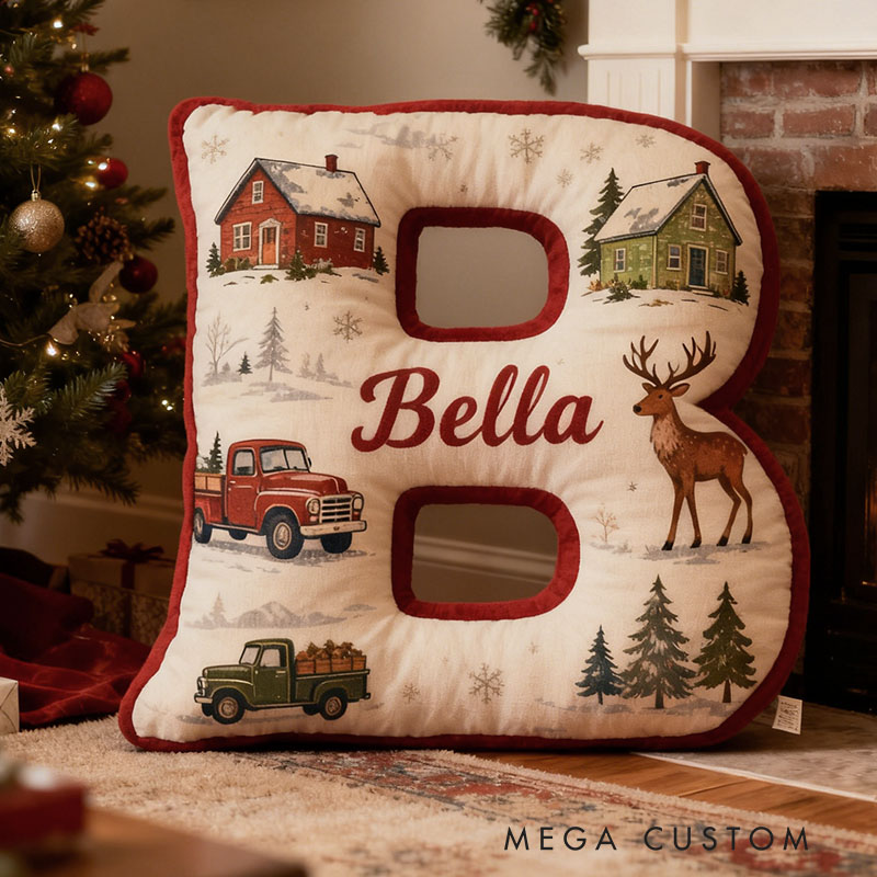 Personalized Christmas Letter Pillow Custom Festive Design With Cozy Houses Vintage Trucks And Reindeer Holiday Home Decor Gift Graphic 3D Print