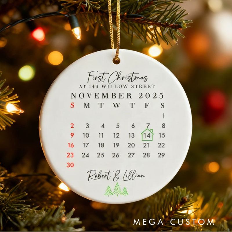 Personalized First Christmas Ornament Custom Calendar Design Elegant Ceramic Keepsake Perfect Holiday Decoration Gift For New Homeowners