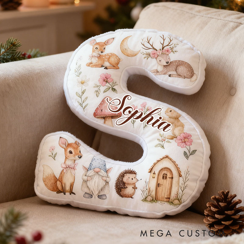 Personalized Woodland Letter Pillow Custom Whimsical Forest Animal Design Soft Cushion Adorable Home Decor Perfect Gift For Kids Graphic 3D Print