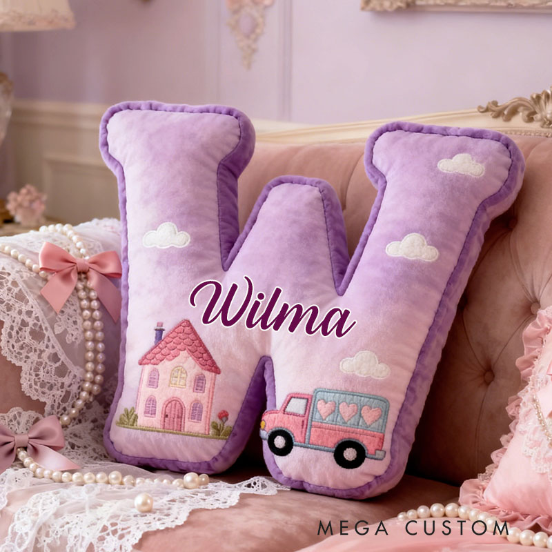 Personalized Letter Pillow Custom Purple Cottage And Heart Truck Design Perfect Gift For Kids Bedrooms Or Special Occasions Graphic 3D Print