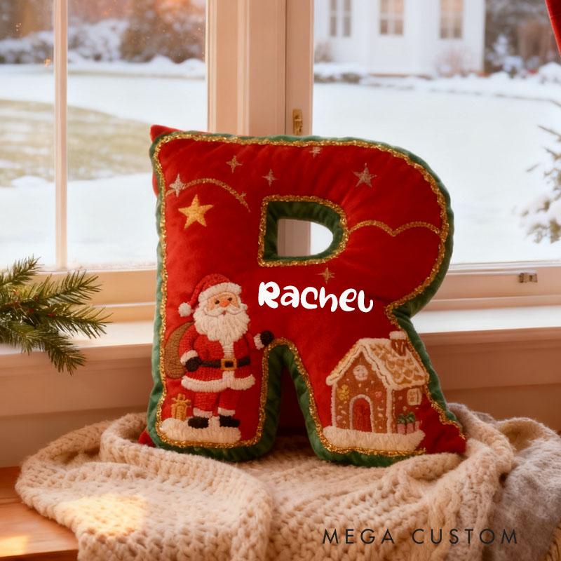 Personalized Christmas Letter Pillow Custom Santa And Gingerbread House Design Holiday Home Decor Graphic 3D Print First Christmas in New Home Gifts