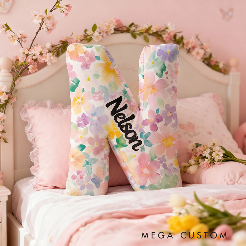 Personalized Name Pillow with Watercolor Flowers Pattern Best Gift for Daughter Housewarming Gifts