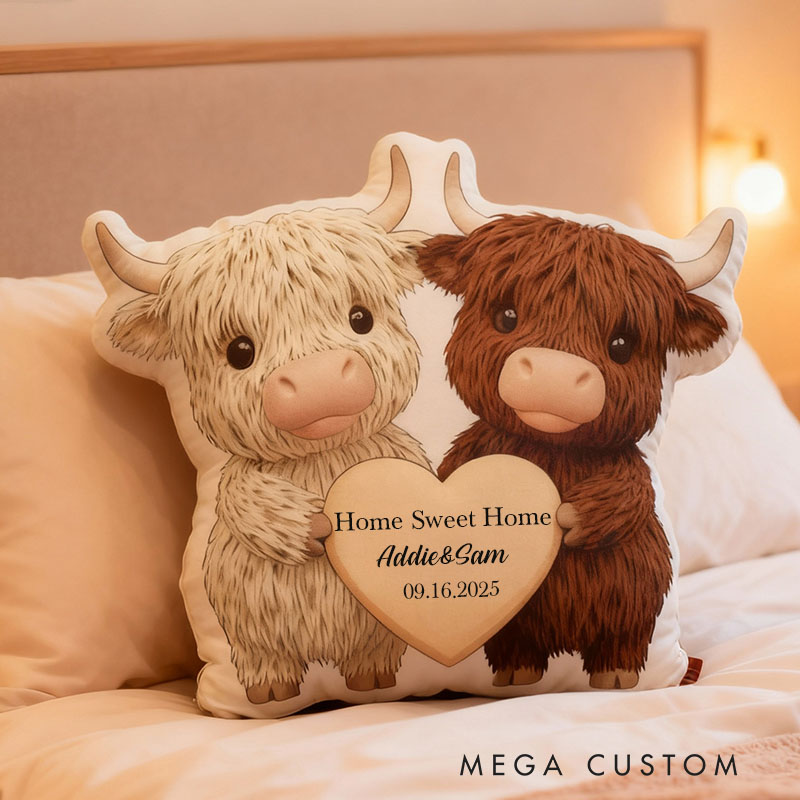 Personalized Couple Pillow Custom Highland Cow Design Soft Plush Cushion Cute Home Decor Perfect Gift For New Home Anniversaries Graphic 3D Print