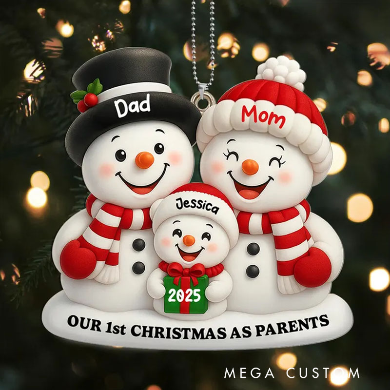 Personalized Family of 3 Christmas Ornament 2025 Our 1st Christmas as Parents Acrylic Snowman Xmas Tree Decor New Parents Christmas Gifts